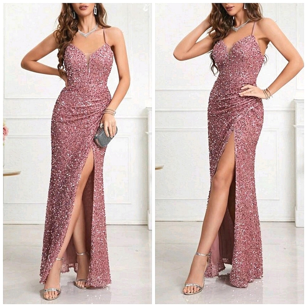 NEW Luxe Sequin Cami Split Leg Maxi Gown Dress Light Pink